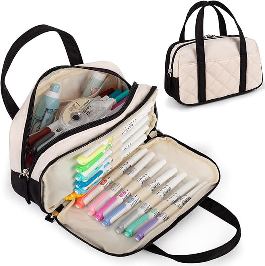 2 Compartment Pencil Case For Girls,Zipper Pencil Bag With Handle, Large Capacity quilting Pencil Pouch Organizer Aesthetic, Womens Soft Pencil Box Marker Pouch For Middle School Office College