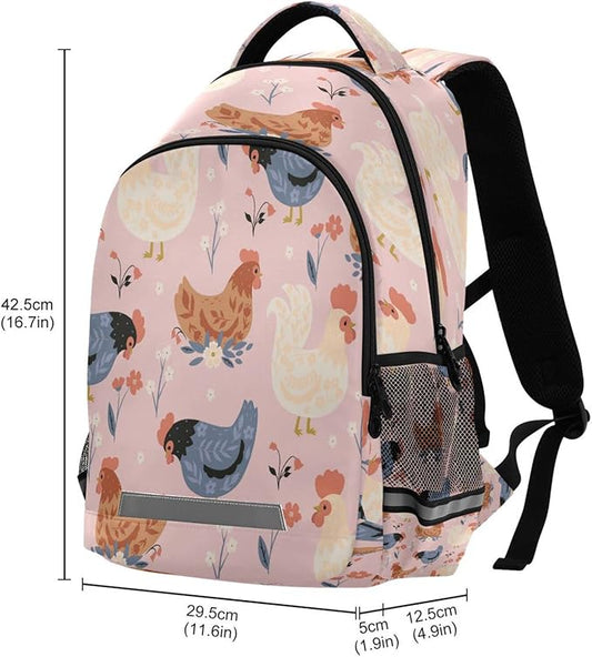 Chickens and Flowers Backpack for Girls Kids Boys School Bookbags,Student Laptop Backpack Carrying Bag Casual Lightweight Travel Sports Day Packs