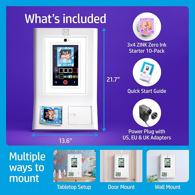 HP Sprocket Photo Booth + 110 3x4 Zink Paper Sheets, Digital Instant Color Photo Printer, 10.1" Touchscreen Photobooth, LED Ring Light, Customize w/ 250+ Frames, Share via QR Code, Mobile App, White