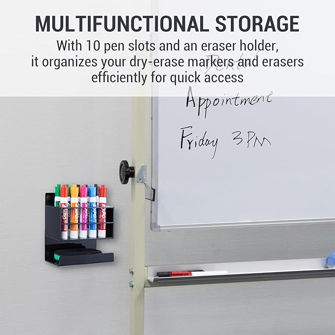 MyGift Wall Mounted Dry Erase Whiteboard Marker Holder Stand with 10 Marker Slots and Eraser Holder, Black Set of 2