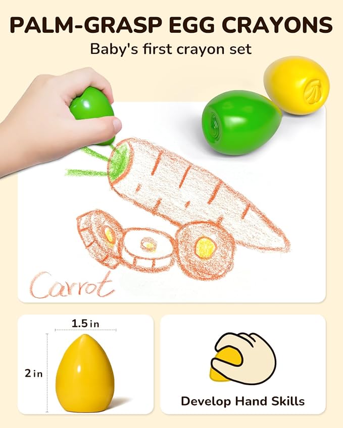 12 Colors Egg Crayons for Toddlers 1-3, Palm-Grasp Non Toxic Jumbo Washable Crayons for Kids, Fat Brain Toys for Preschool Art Supplies and Perfect Easter Gifts for Boys and Girls