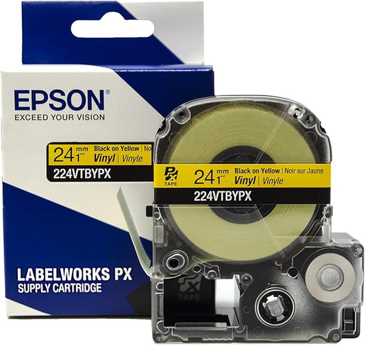 Epson LABELWORKS 224VTBYPX Genuine Tape Cartridge - Black on Yellow Flexible and Durable Vinyl Industrial Label Maker Tape - 1" (24MM) Wide, 22.9 ft