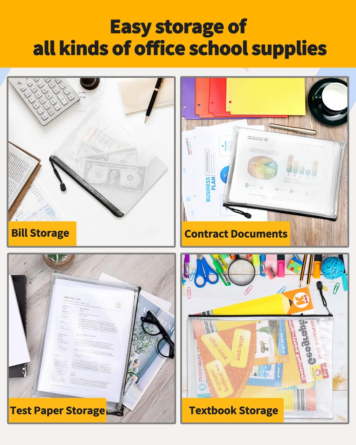 SUNEE Mesh Zipper Pouch 11x16 in (Black, 24 Packs),Extra Large Water-Resistant Zip Bag for School Office Supplies, Puzzles & Games Organizing Storage