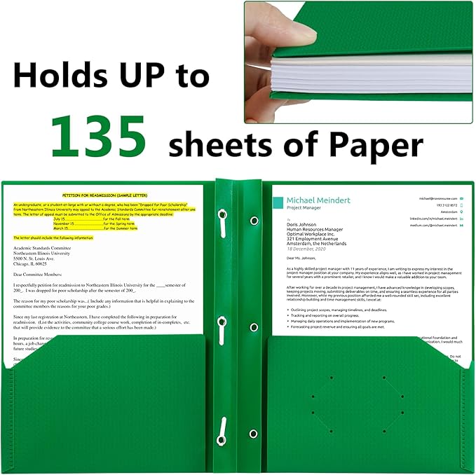 ViVin Sturdy Plastic Folder, 10 Pack, 2 Pocket Folder with Prongs, Holds 8.5 x 11 Letter Size Paper, 3 Prong Folders with Pockets, for School Office and Home - Green