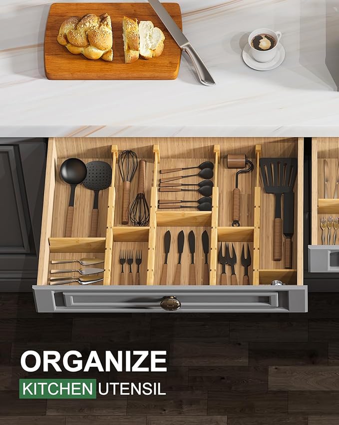 Kitchen Drawer Dividers - Adjustable Drawer Organizer for Clothes, Kitchen, Closet & Office - 8 Pack with Inserts, 13.8-18.8 Inches, Non-Slip Silicone Ends