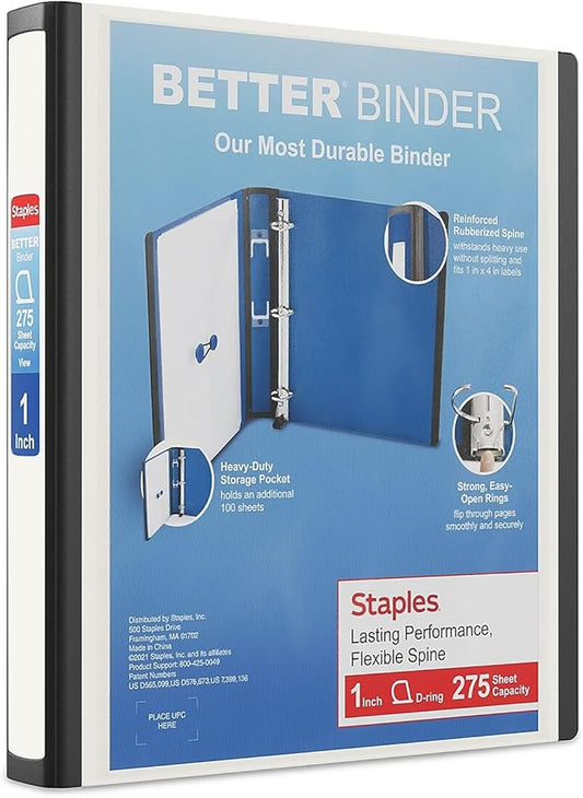 1" STAPLES Better View Binder with D-Rings, White