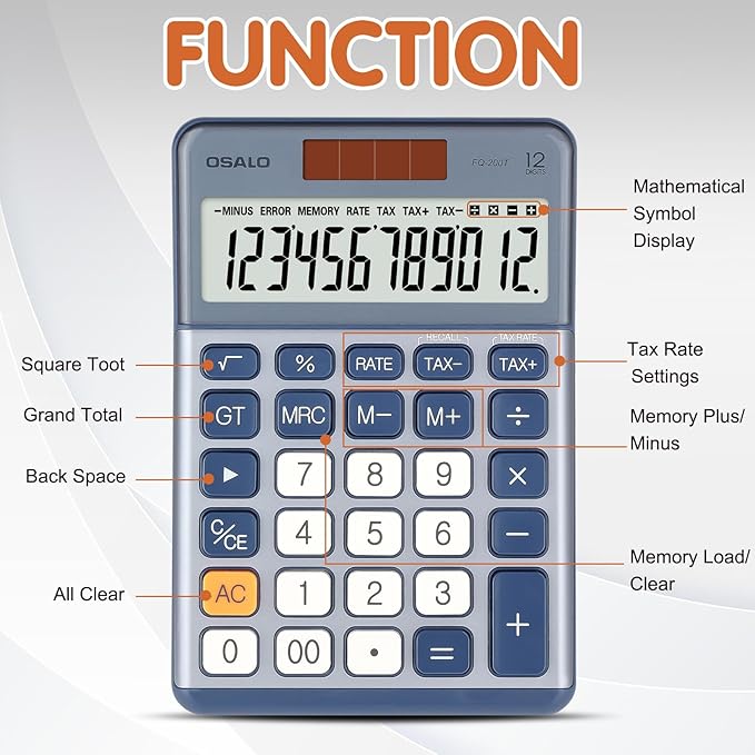 Pendancy Office Small Calculator Desktop with Tax+/- for Tax Calculation, 12 Digit Large LCD Display, Solar Battery Power, Durable Portable Design, Financial Accounting Business Home Use(OS-200T-Blue)