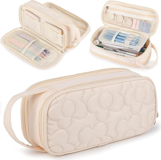 Pencil Case For Girls,Flower Quilted Large Capacity Pencil Pouch With 2 Compartment, Zipper Pencil Bag With Handle, Women Soft Pencil Box For Middle School Office College