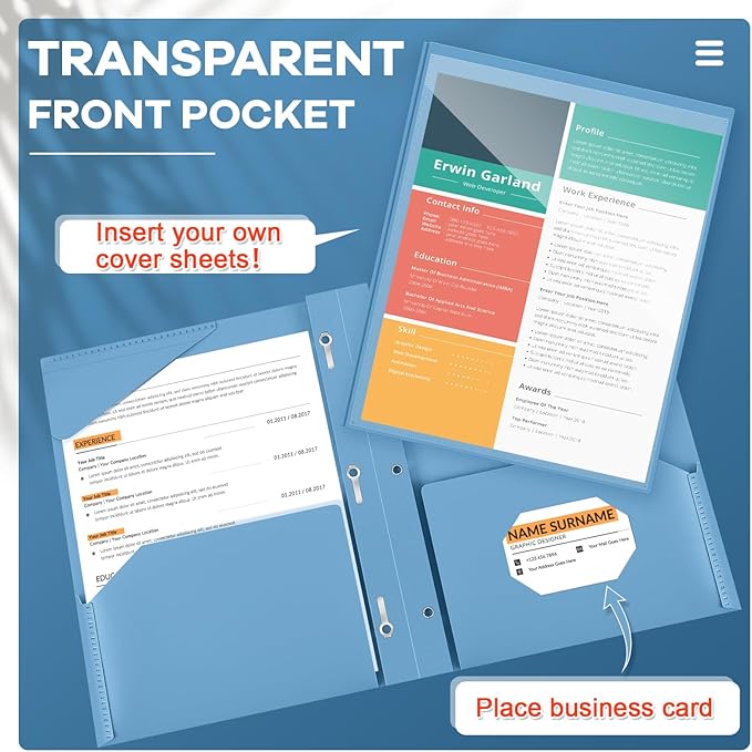 Henoyso 36 Pcs Plastic Folder with Clear Front Pocket and 3 Prong Plastic Folders with Card Slot Pocket Folders with Prongs for School Office (Haze Blue)