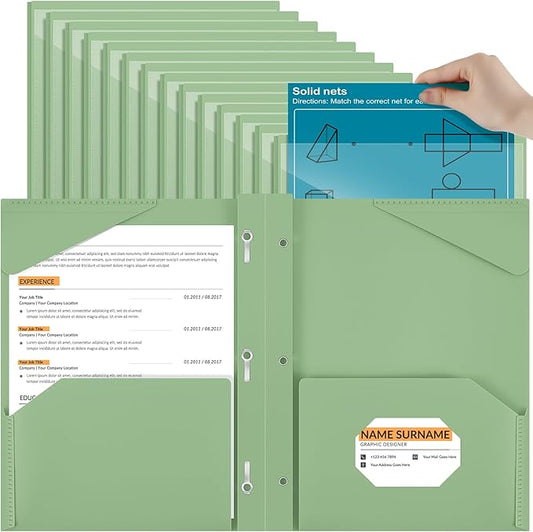 Henoyso 36 Pcs Plastic Folder with Clear Front Pocket and 3 Prong Plastic Folders with Card Slot Pocket Folders with Prongs for School Office (Sage Green)
