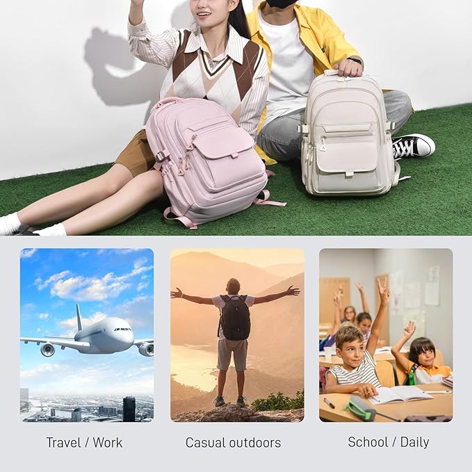 Backpack for Girls Teens, Solid-Color School Backpack for Boys Kids, Aesthetic Bookbag for Middle & High School Travel Daypack,Beige