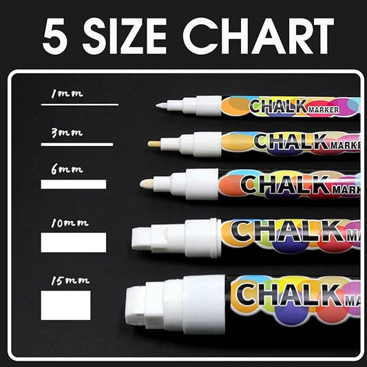 White Window Chalk Markers Pen, 5 Pack White Window Chalk Markers for Cars Glass Washable - Ideal for Use at Home, School, Office, Erasable, Dust-Free, Non-Toxic, 5 Nib Sizes (1, 3, 6, 10, 15mm)
