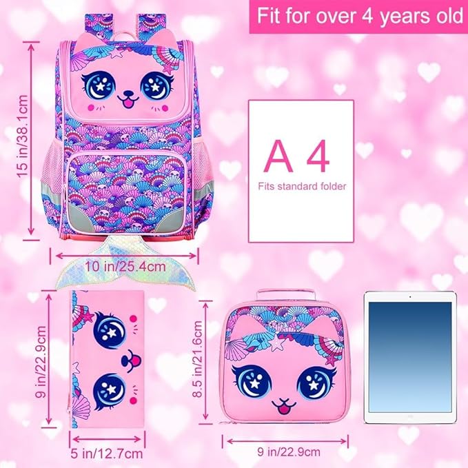UFNDC 3PCS Girls Bookbag, 15" Sequin Bookbag with Lunch Box, Mermaid School Bag Set for Elementary Preschool Toddler