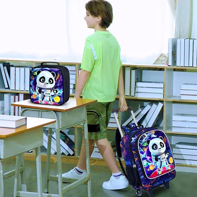 3PCS Rolling Backpack for Boys, Kids Roller Bookbag with Wheels, Panda Wheeled School Backpack for Elementary Preschool Kindergarten(Black)