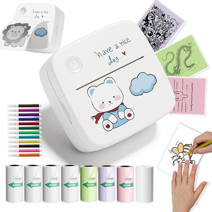 Mini Sticker Printer, Portable Thermal Inkless Sticker Maker with 8 Rolls Coloed Paper & 12 Pens, Wireless Thermarote Printers for Travel, Photos,Study Notes, Scrapbook, Journal, Memo (Blue)