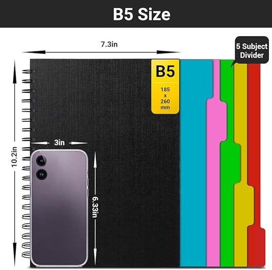 EUSOAR 5 Subject Spiral Notebook, 1pcs B5 7.3"x10.2" College Ruled Hardcover Writing Pads with 100GSM Lined Paper, 120Sheets/ 240Pages, for Note Taking School Business Work Writing Diary, Black