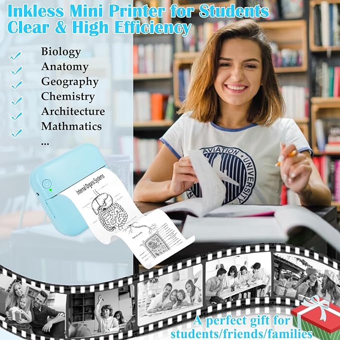 Mini Thermal Inkless Sticker Printer with 14 Rolls Paper, Compatible with iPhone/Android Phone/Tablet, Mini Pocket Printer for Photos/Stickers/Labels/Notes, Blue