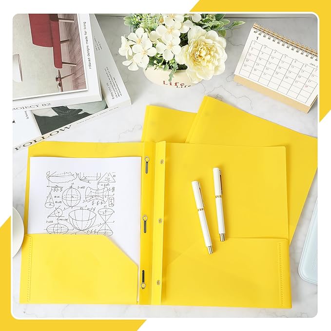 Lincia 100 Pcs Plastic Folders with 2 Pockets and Prongs for Office, School, Students, Teachers, Office Workers (Yellow)