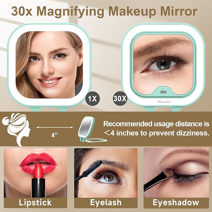Mocado Compact Travel Makeup Mirror, 1X/30X Magnifying Mirror with Light, Double Sides Compact Mirror with 3 Color Light, Dimmable Handheld Mirror, Rechargeable Travel for Purse,Pocket(Green)