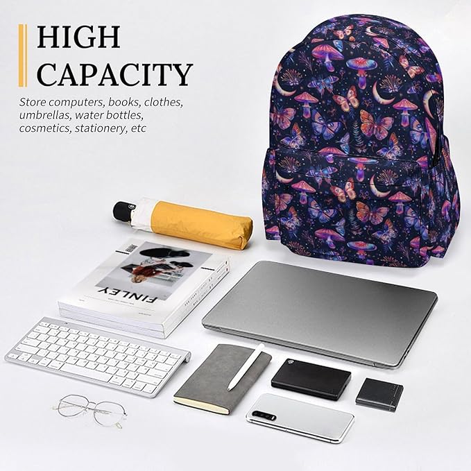 17 Inch Laptop Backpack 70s Neon Butterflies Mushroom Teen Girls Boys School Backpack Bags Travel Bookbag Back Pack Outdoor Daypack for Women Men