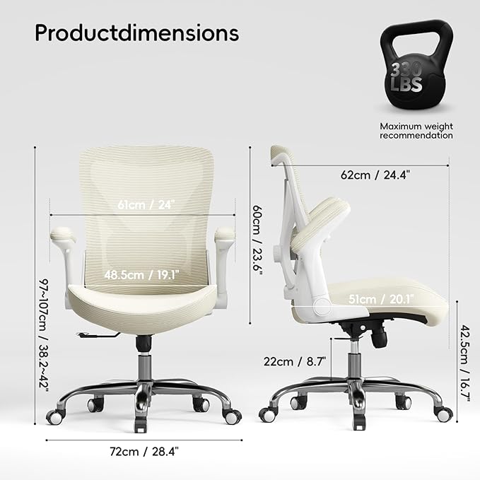 Home Office Ergonomic Chair-Computer PU Leather X-Shaped Desk Chair-Gaming Chair with Adjustable Flip-up Armrests Lumbar Support Mesh Executive Chair for Long Hours Office (Beige)