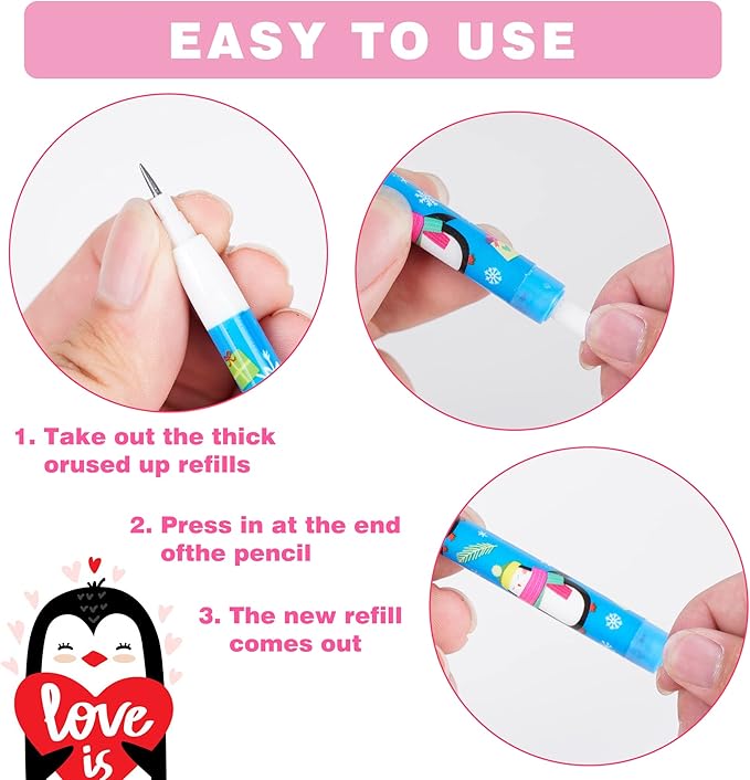 Kolewo4ever 48pcs Penguins Translucent Pencils Fun Pencils Pencils for Kids Multipoint Non-Sharpening Stackable Pencil with Matching Eraser Pencils Party Favors for Kids