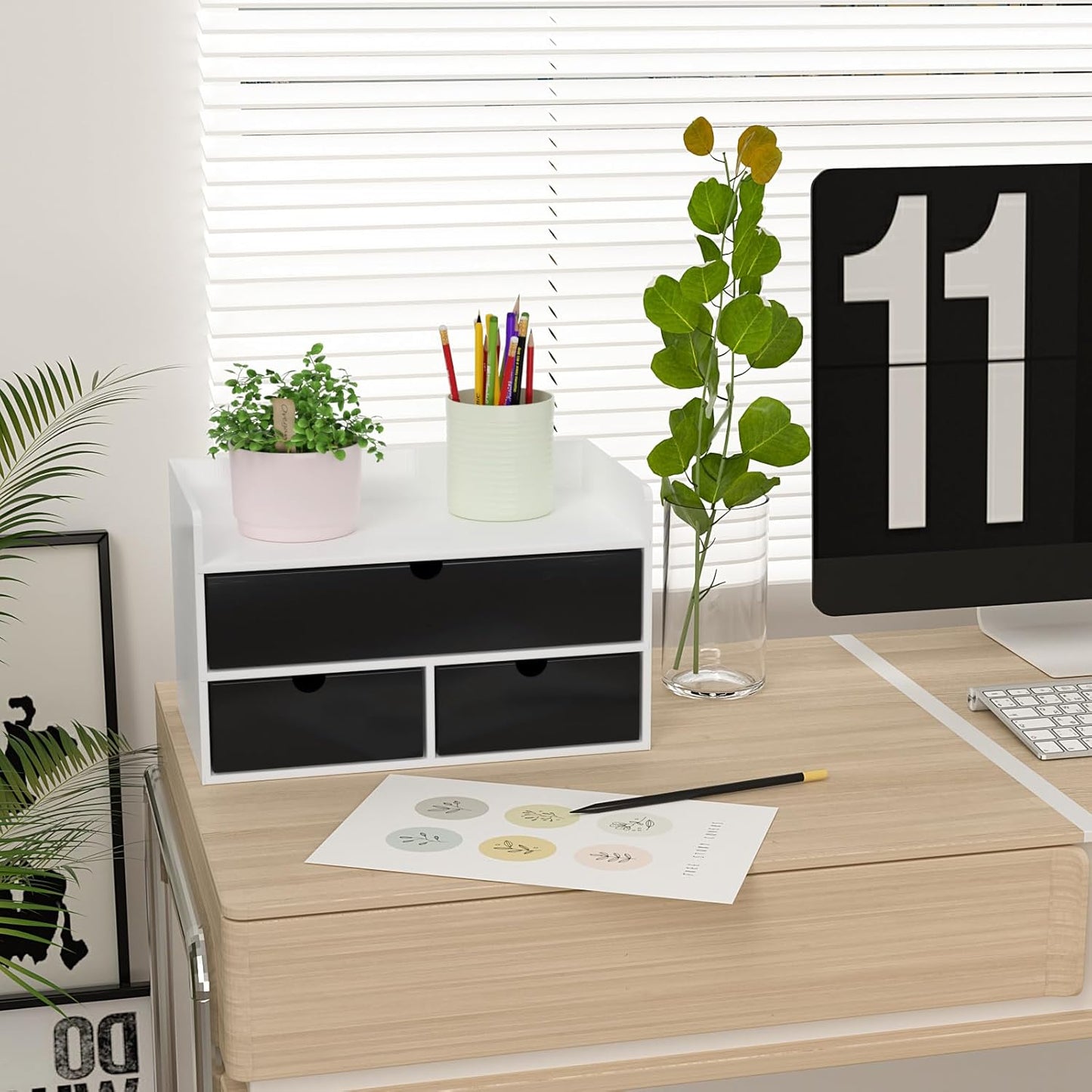 Wisuce Desk Organizer with Drawers - White-Black Bamboo Desktop Organizer Storage | Wood Desk Drawers Organizer for Bills, Office Supplies, Cosmetics, Seals No Assembled