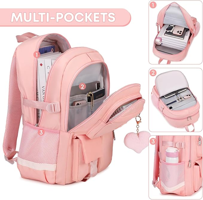 3PCS Backpack For School Women College Middle High Teen Girls Student Bookbag Waterproof Laptop Bag Pink