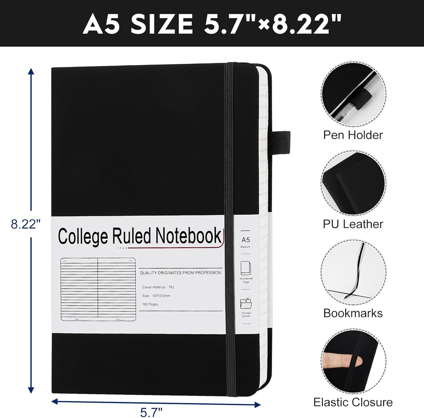 A5 Lined Journal Notebooks for Work, 192 Pages, Medium 5.7 x 8.3inch, College Ruled, Vegan Leather Hardcover Journals for Women Men,1 Pack