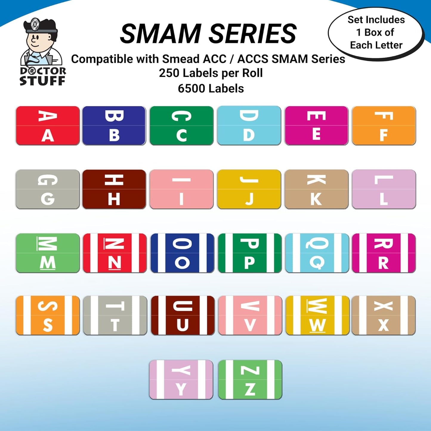 Doctor Stuff - File Folder Labels, Alphabet Letter, Complete Set A - Z, with Tray, Compatible with Smead Alpha-Z Acc/ACCS - SMAM Series Alpha Stickers 1-5/8" x 1”, 26 Rolls, 250/Roll