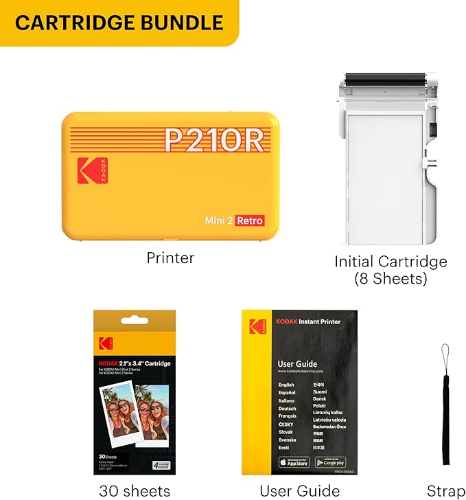 Kodak Mini 2 Retro 4PASS Portable Photo Printer, 2.1x3.4 inches, 38 Sheets Bundle, White