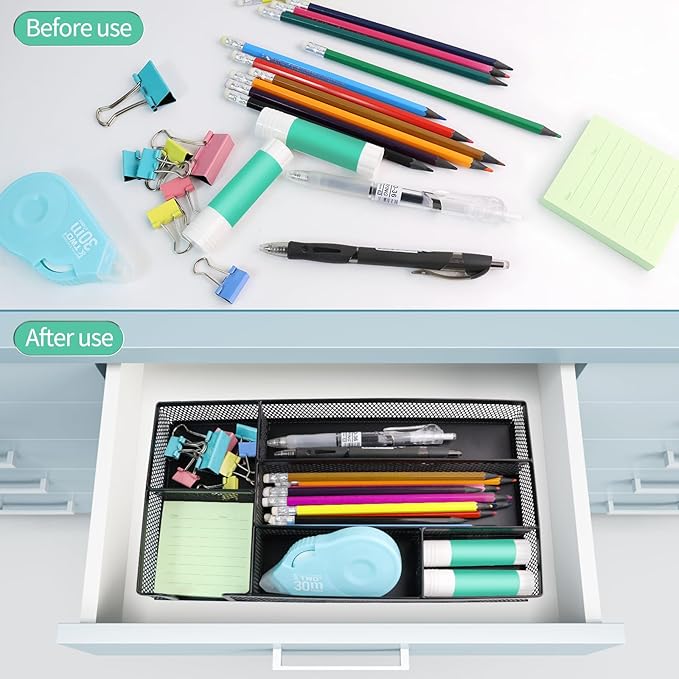 Small Metal Mesh Desk Drawer Organizer Tray for Paper, Office, Bathroom, Kitchen, Makeup & Vanity - Versatile Drawer Organizer