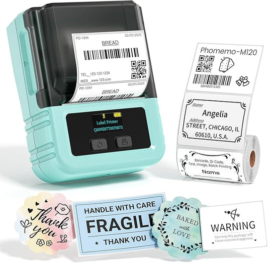 Phomemo M120 Label Maker Machine with Tape, 2 Inch Bluetooth Label Printer for Small Bussiness, Office, Home, School, Barcode Label Maker with Versatile App with 1000+Icons and 100 Fonts, Green