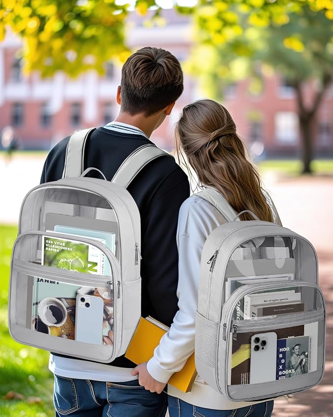Clear Backpack, Heavy Duty Transparent Bookbag for School, Fabric & PVC Transparent Backpack with Reinforced Strap for Women Men, Capacity Clear Bag for College, Travel, Security, Grey