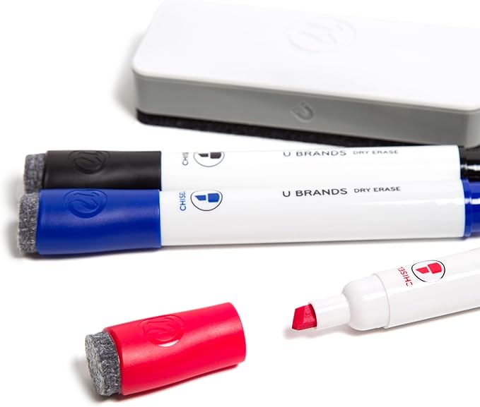 U Brands Fine Tip Dry Erase Markers with Eraser Set of 5, Includes 3 Whiteboard Markers, 1 Eraser, and 1 Board Cleaner Spray