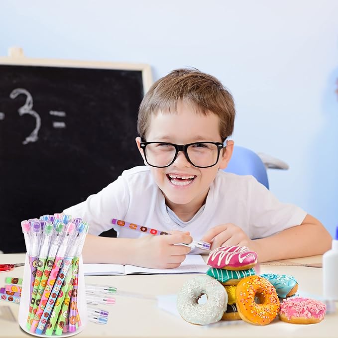 Kolewo4ever 48pcs HB Donuts Themed Translucent Pencil Fun Multipoint Pencil Multicolor Non Sharpening Stackable Pencils Pop Up Plastic Pencils for Classroom Rewards Carnival Prizes