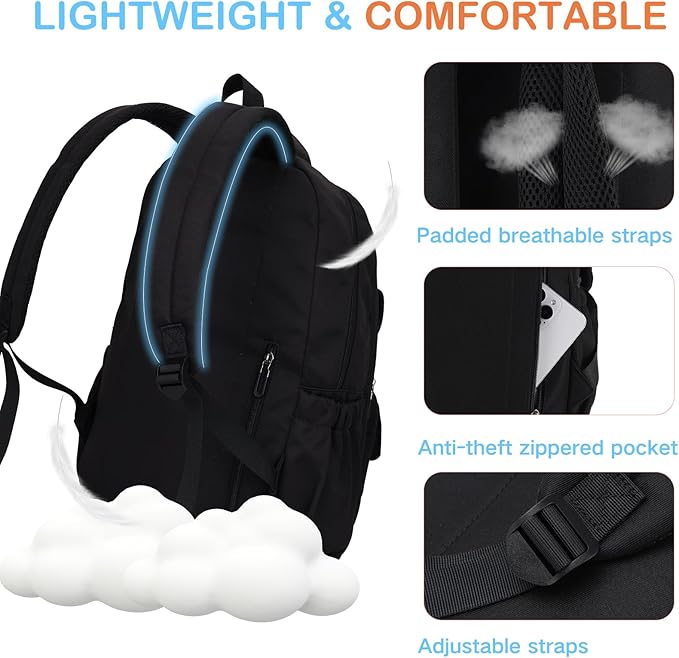 VASCHY Backpack for Girls, Cute School Bag Bookbag for Elementary Middle Schooler Teen Girls/Kids Travel with Clear Pin Pouch Black