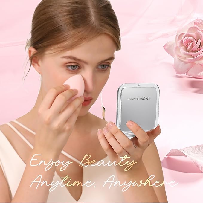 Compact Travel Magnifying Mirror - Snowflakes Small Pocket Mirror -1x/15x Magnification Cosmetic Mirrors Handheld Portable for Travel and Purses (Silver)