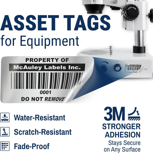 McAuley Labels Custom Asset Tags for Equipment - Numbered, Permanent - Heavy Duty Metalized Polyester, Stronger Adhesive - Barcode Label - 1.5x0.75 Inches