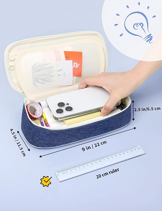 SUNEE Cute Pencil Case, Aesthetic Pen Pouch, Colored Large Pencil Bag with Zipper, Kawaii Stationery Storage and Organizer, School Supplies for Teen and Adult Girls, Navy Blue