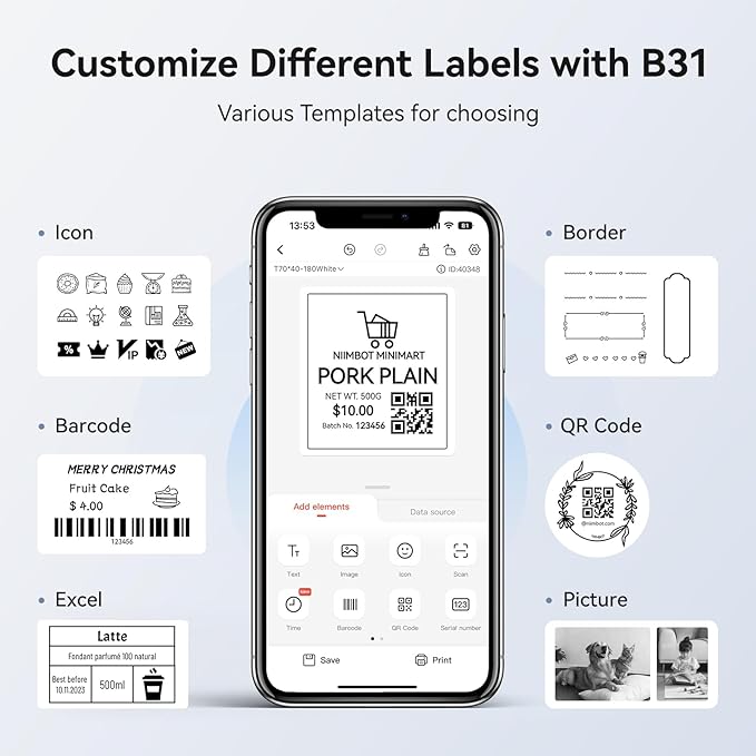 NIIMBOT B31 Label Maker Machine with Tape, 3 Inch Portable Label Printer for Barcode, Address, Logo, Tag Labeling, Thermal Sticker Maker Compatible with Smartphones & PC, Grey White