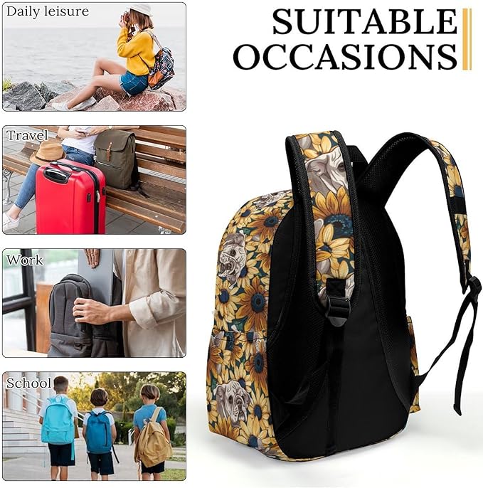 17 Inch Laptop Backpack Cartoon French Bulldog Face Sunflower Teen Girls Boys School Backpack Bags Travel Bookbag Back Pack Outdoor Daypack for Women Men