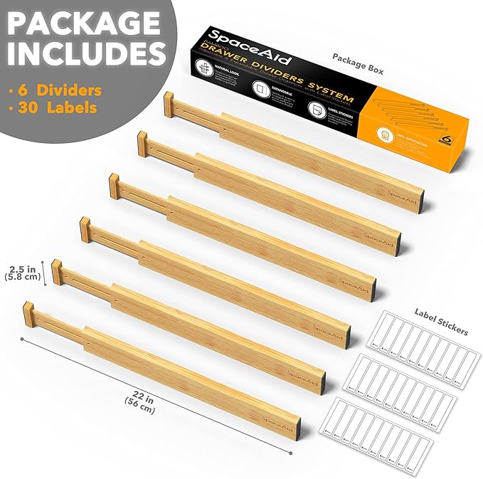 SpaceAid Bamboo Drawer Dividers with Labels, Kitchen Adjustable Drawer Organizers, Expandable Organization for Home, Office, Dressers and Bathroom, 6 Dividers (17-22 in)