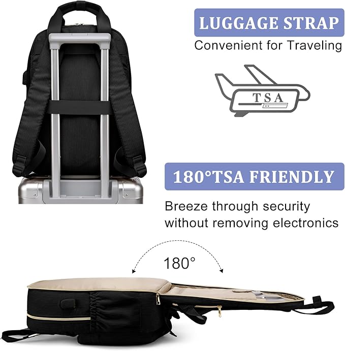 School Backpack for Girls Laptop Bookbag: Casual Corduroy Women Backpacks with USB Charging Port TSA Friendly Travel Back Pack with Anti-Theft Pockets Cute College Daypack for Teen Students Black