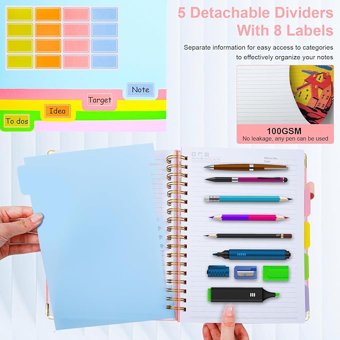 Hardcover Spiral Notebook 8"x10" Journal Notebook with Tabs and Removable Dividers 300 Pages 5 Subject Notebook College Ruled, Faux Leather Spiral Bound Notebook for Women, Students, School Work (Pink)