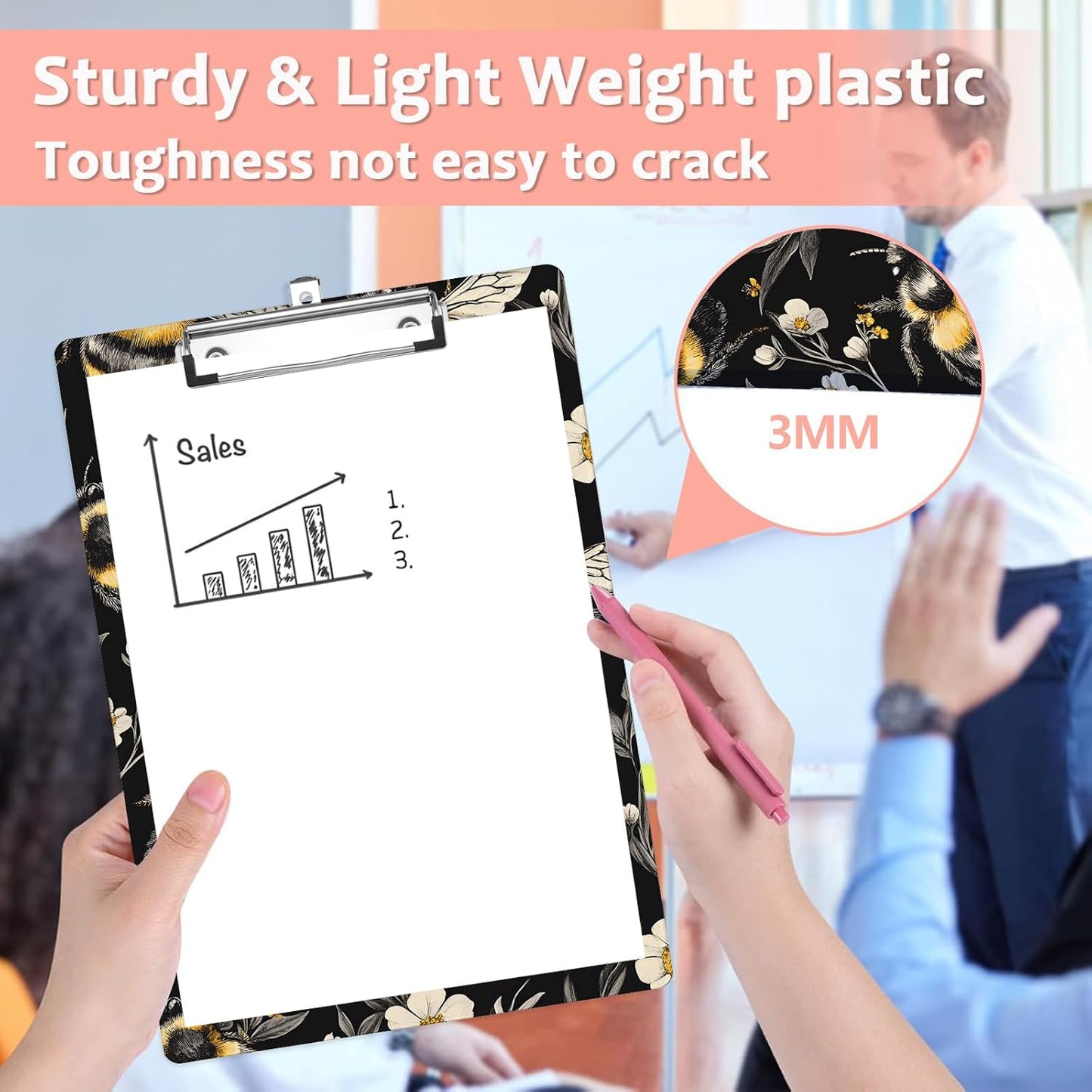 Honeybee White Daisy Plastic Clipboards,Cute Fashion Clipboard Decorative 8.5" x 12.5"Standard A4 Size Clipboards,Acrylic Clipboard for Teacher,Social Worker,Students,Nurse,Office Supplies