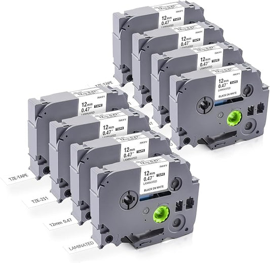 Replacement for Brother P Touch Label Maker Tape TZe-231 TZe231 TZe TZ Tape 12mm 1/2 Inch P Touch Label Make Refills, Black on White Use for Brother Label Maker PT-2040 PTD210 PTD400AD (8)