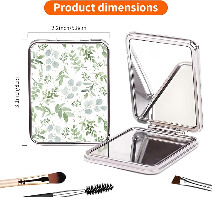 Compact Pocket Mirror, Cute Travel Mini Mirror with Magnification, Foldable Double-Sided Portable Cosmetic Mirror for Men, Women Spring Green Leaf