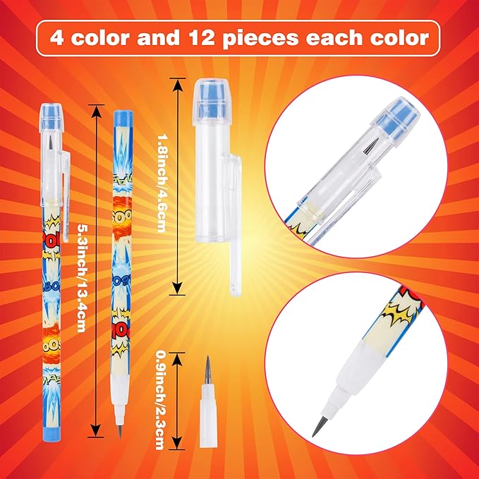 Kolewo4ever 48 Pcs Hero Pencils Translucent Pencil Multipoint Non Sharpening Stackable Pencils Pop Up Plastic Pencils Pow! Snap! Wham! Bang! Pencil for Party Favors