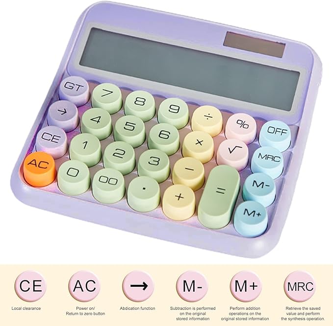 Typewriter Calculator, Big Button Cute Calculator for Daily and Basic Office, 12 Digit Display Vintage Style Solar Battery Powered Purple (not inculde Battery)